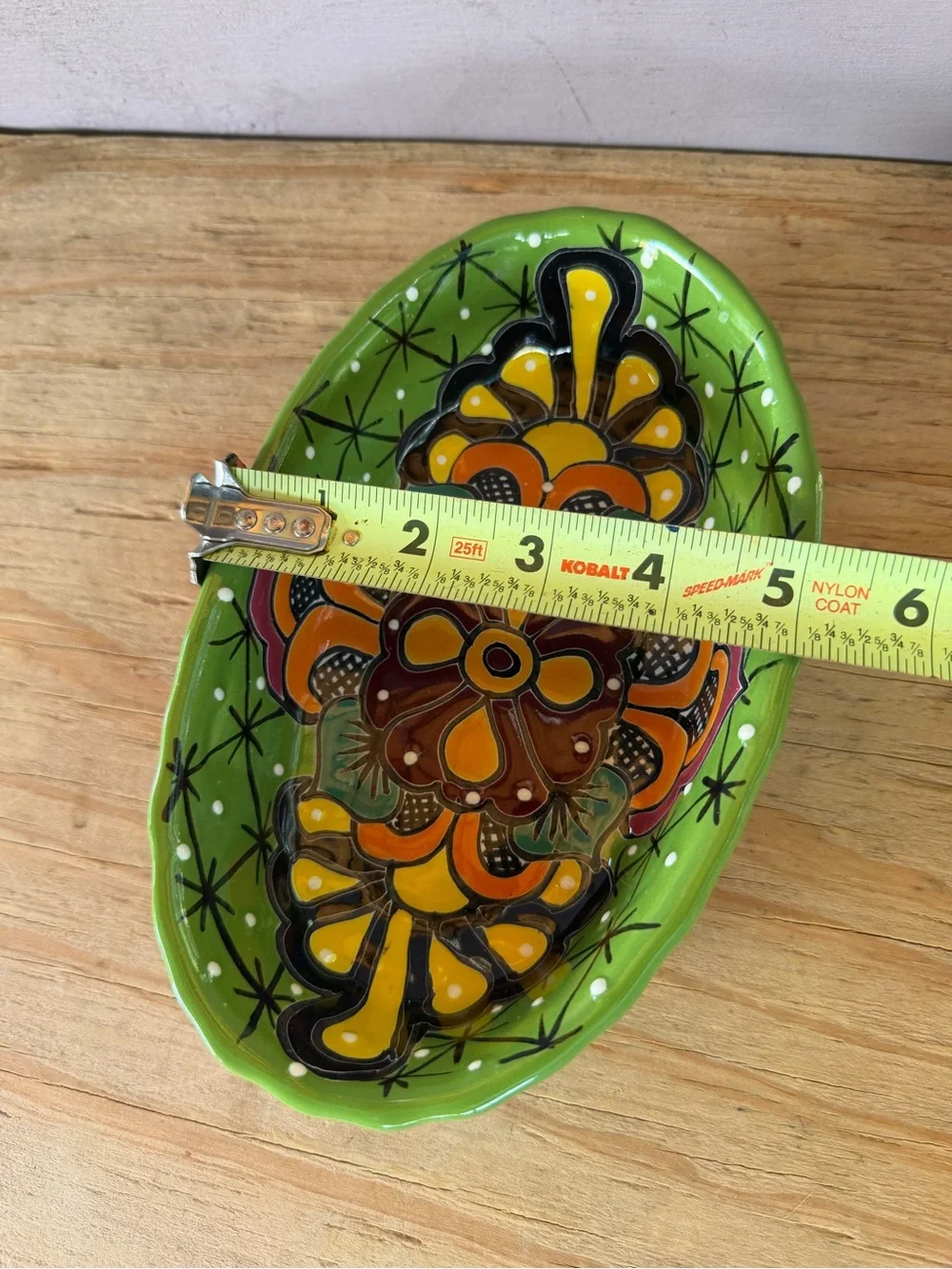 Hand-Painted Ceramic Serving Dish in Bright Green with Orange Floral Motif